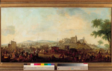 Ansicht des Manöverlagers, das unter dem Kommando des Prinzen von Condé in der Nähe von Saint Omer vom 5. August bis 25. September 1788 eingerichtet wurde. Dies ist Louis V Joseph de Bourbon-Condé (1736-1818). Gemälde von Jacques François Joseph Swebach (1