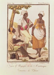 Schwarzer Mann und Schwarze Frau aus Martinique tanzen „La Chica“, gestochen von Lachuassee, 1805