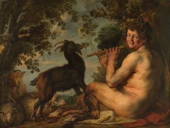 Ein Satyr Pan hütet seine Herde