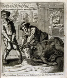 17. Jahrhundert gravierte Illustration aus einer Sammlung von Sprichwörtern. Paris 1657-1663. Von Jacques Lagniet (1620-1675). Französischer Graveur. Von ihm viele sozialkritische Gravuren und Spottbilder wie seine manchmal grotesken und fantastischen Illu