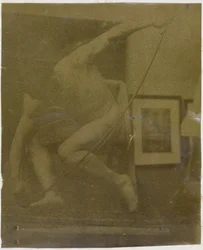 Studie eines männlichen Aktmodells, hockend mit einem Bogen in der Hand, im Atelier von Jacques de Lalaing
