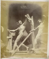 Studie eines männlichen Aktmodells mit der Hand in einem Gestell, von der Seite gesehen und neben einem Gipsmodell in derselben Pose, im Atelier von Jacques de Lalaing