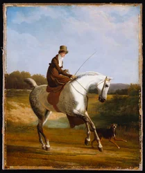 Miss Cazenove auf einem grauen Jäger, ein Hund läuft daneben