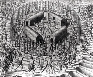 Johannes Staden hilft, die Indianer zu verteidigen, die ihn gefangen genommen haben, gegen die Tuppin Tkins, graviert von Theodore de Bry (1528-98), aus 