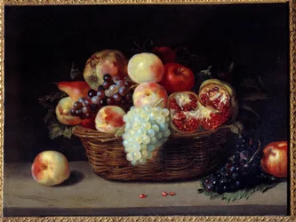 Korb mit Granatäpfeln, Pfirsichen und Trauben (Gemälde von Jacques Linard, 17. Jahrhundert)