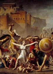 (Detail) Die Sabinerinnen vermitteln zwischen ihren römischen Ehemännern und ihren sabinischen Brüdern und zeigen ihnen ihre Kinder. Gemälde von Jacques-Louis David
