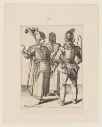 Ein Grande in orientalischer Kleidung, ein Mann mit einem am Gürtel befestigten Hahn und eine verschleierte Frau, die den Brummtopf spielt, aus Die Maskeraden