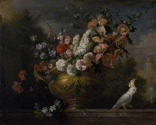 Stillleben mit Blumen in einer Urne, einem Kakadu und auf einem Sims, um 1699