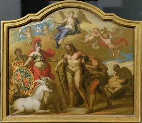 Allegorie der Macht Großbritanniens zu Lande, Entwurf für ein dekoratives Paneel für die Zeremonienkutsche von George I., ca. 1718