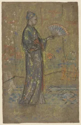 Japanische Frau malt einen Fächer, um 1872