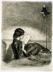 Lesen bei Lampenlicht, 1858