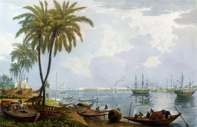 Ansicht von Kalkutta, von einem Punkt gegenüber von Kidderpore, 1837, graviert von Robert Havell dem Jüngeren