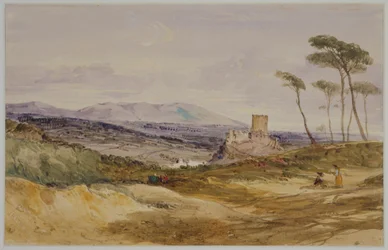 Landschaft mit Schloss und Figuren
