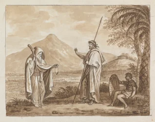 Alter Mann, Krieger und Junge in einer klassischen Landschaft
