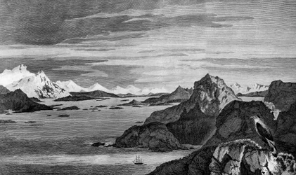 Ansicht von Christmas Sound, Feuerland, Zeichnung von William Hodges, Gravur von William Watts, Illustration aus 