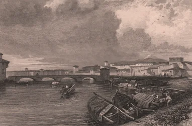 Ansicht des Arno-Flusses in Pisa, Toskana, Italien, Stahlstich von Thomas Higham nach einer Zeichnung von James Duffield Harding