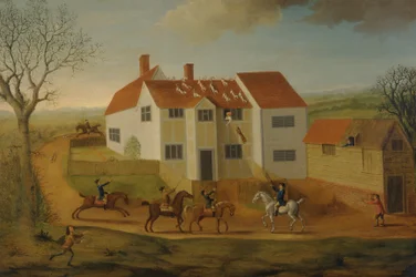John Sidey und seine Hunde bei einem Bauernhaus in der Nähe von Hadleigh, Suffolk