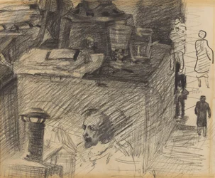 Ecke im Atelier mit Ofenfuß, Kiste und Figuren