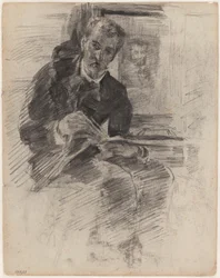 Lesender Mann (tatsächlich: Willy Finch, an einem Tisch sitzend, Palette und Pinsel in der Hand)