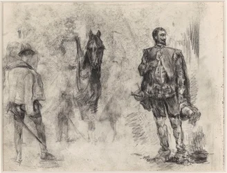 Von hinten gesehener Spanier, Reiter und Spanier mit erhobenem Finger