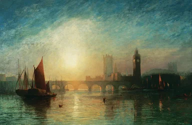 Ansicht der Westminster-Brücke und der Houses of Parliament, mit Heubarke und anderen Schiffen im Vordergrund, 1869