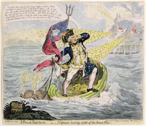 Ein französischer Hagelsturm oder Neptun verliert die Brest-Flotte aus den Augen, veröffentlicht von Hannah Humphrey im Jahr 1793