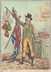 Verbesserung der Gewichte und Maße. - oder - „Sir John Seeclear entdeckt das Gleichgewicht der Flagge“ (aus: Caricature, Bd. 1)