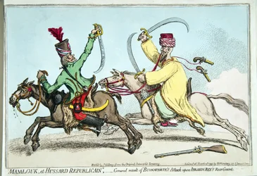 Mamlouk und Republikanischer Husar, oder das Gesamtergebnis von Bonapartes Angriff auf die Nachhut von Ibrahim Bey, veröffentlicht von Hannah Humphrey 1799