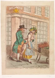 Frau mit einer Schubkarre mit Karotten vor dem Schaufenster des Buchhändlers Robert Faulder in London
