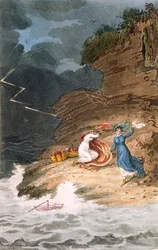 Zwei Regency-Schönheiten, die durch einen Sturm an einem Ufer gestrandet sind, ca. 1795-1805