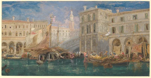 Der Orangenmarkt mit der Rialtobrücke im Hintergrund, Venedig