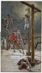 Einer der Soldaten durchbohrte seine Seite mit einem Speer, Illustration für Das Leben Christi