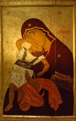Eine Ikone der Jungfrau, Kind im späten byzantinischen Stil. SKOPJE KUNSTGALERIE...