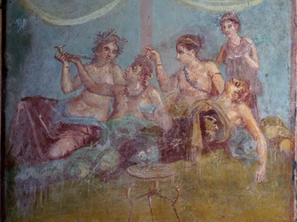 Fresko der römischen Oberschicht, die das Leben in Luxus genießt, entdeckt in Pompeji. Pompeji, Italien.