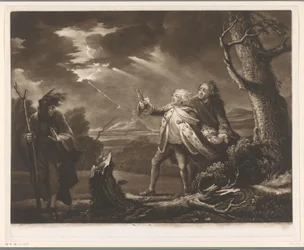 David Garrick als König Lear mit dem Grafen von Kent und Edgar als Tom verkleidet in einer stürmischen Landschaft