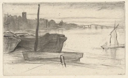 Chelsea Bridge und Kirche, aus der Themse-Serie (Eine Serie von sechzehn Radierungen mit Szenen an der Themse und anderen Motiven)