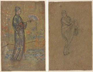 Japanische Frau, die einen Fächer bemalt (Vorderseite); stehende Frau, die ihr Kleid hochhält (Rückseite)