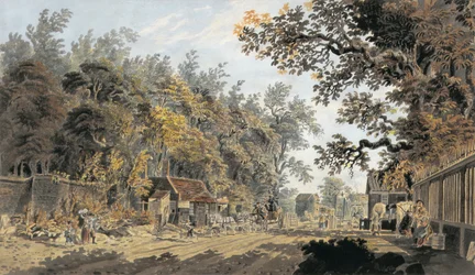 Kutsche und Viererzug an einem Mauttor, London