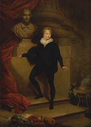Meister Betty als Hamlet, vor einer Büste von Shakespeare