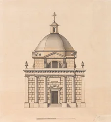 Entwurf für einen Tempel auf quadratischem Grundriss mit Kuppel: Aufriss