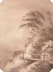 Fußgängerbrücke über hügeligen Bach