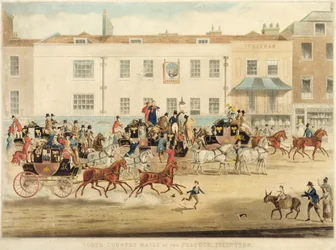 Postkutschen aus Nordengland am „The Peacock“, Islington, 1838