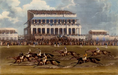Die Haupttribüne bei den Epsom-Rennen, Druck von Charles Hunt, 1836