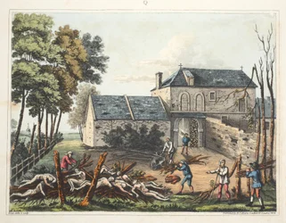 Schloss Hougoumont: zeigt die Toten, die nach der Schlacht begraben werden