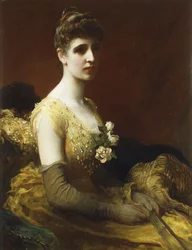 Porträt von Lady Dixon von Rheda, dreiviertel Länge, sitzend, gelbes Kleid mit Blumen, Fächer haltend