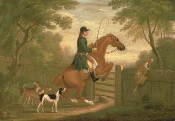 Jäger mit seinen Hunden in einer Landschaft