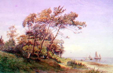 Picknick an der Küste, Isle of Wight, mit einer Yacht, die die Flagge des Royal Yacht Squadron führt