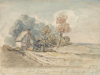Ein strohgedecktes Cottage und Bäume an einer Landstraße