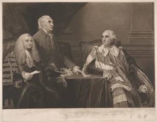 John Dunning, 1. Baron Ashburton, mit Colonel Isaac Barre und William Petty, 2. Earl of Shelburne, Marquis von Lansdowne