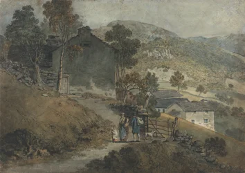 Landschaft mit Hütten und Figuren